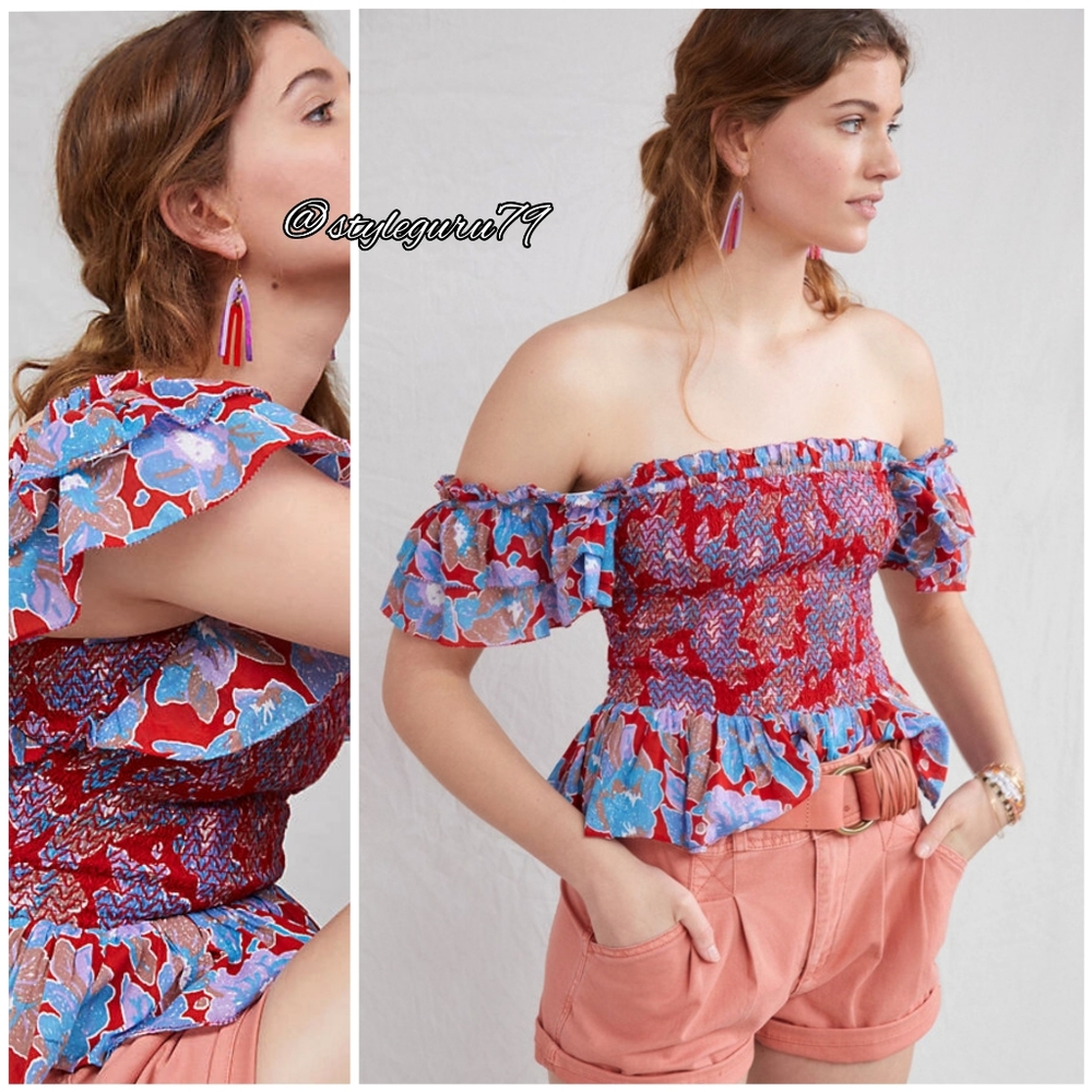 NWT, Anthropologie, Smocked Ruffle Off The Shoulder Crop Top In Red And Blue